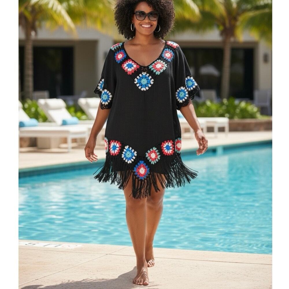Shoreline Beach Cover-up Black with multicolor crochet and fringe 
Size 2XL NWT